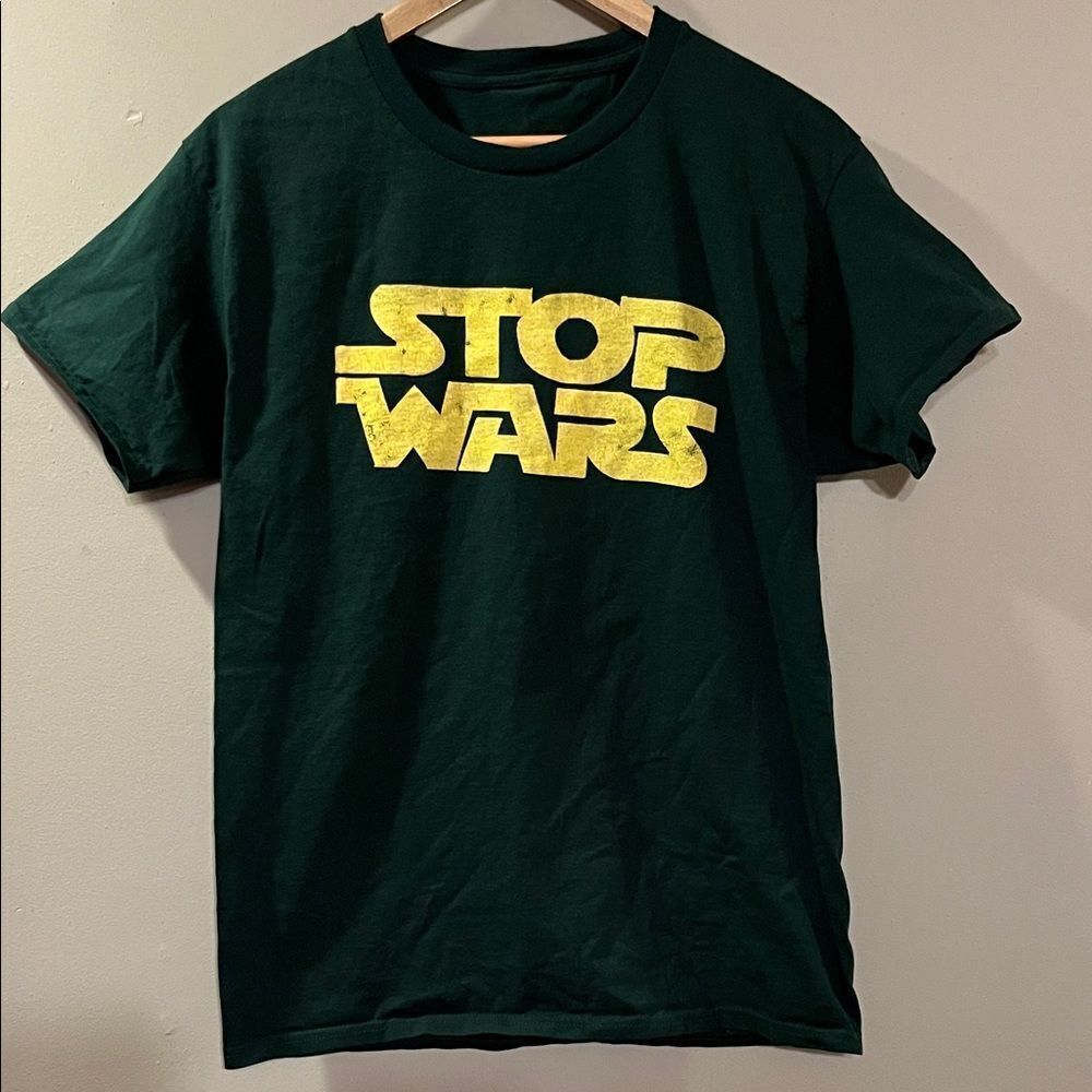 Source Unknown Dark Green Short Sleeve Tee with Yellow 'STOP WARS' Graphic